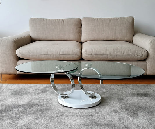 32" Clear White and Silver Glass And Metal Round Abstract Coffee Table - Loft&Timber