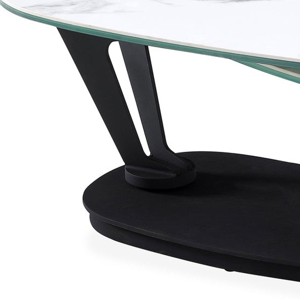 36" White And Black Faux Marble And Metal Oval Coffee Table - Loft&Timber