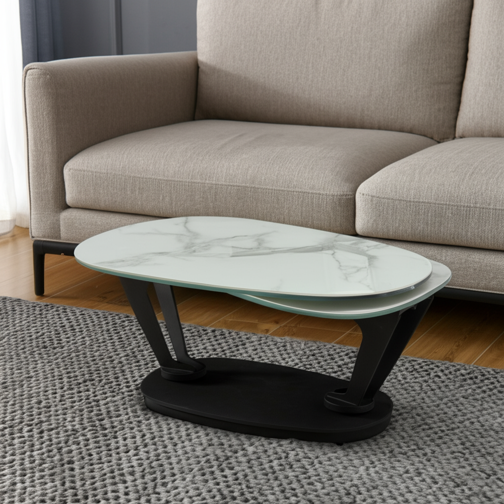 36" White And Black Faux Marble And Metal Oval Coffee Table - Loft&Timber