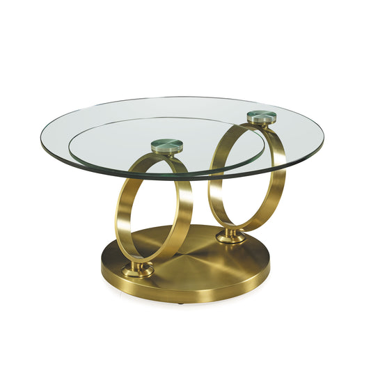 32" Clear And Gold Glass And Metal Round Abstract Coffee Table - Loft&Timber