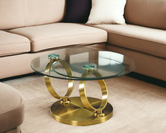 32" Clear And Gold Glass And Metal Round Abstract Coffee Table - Loft&Timber