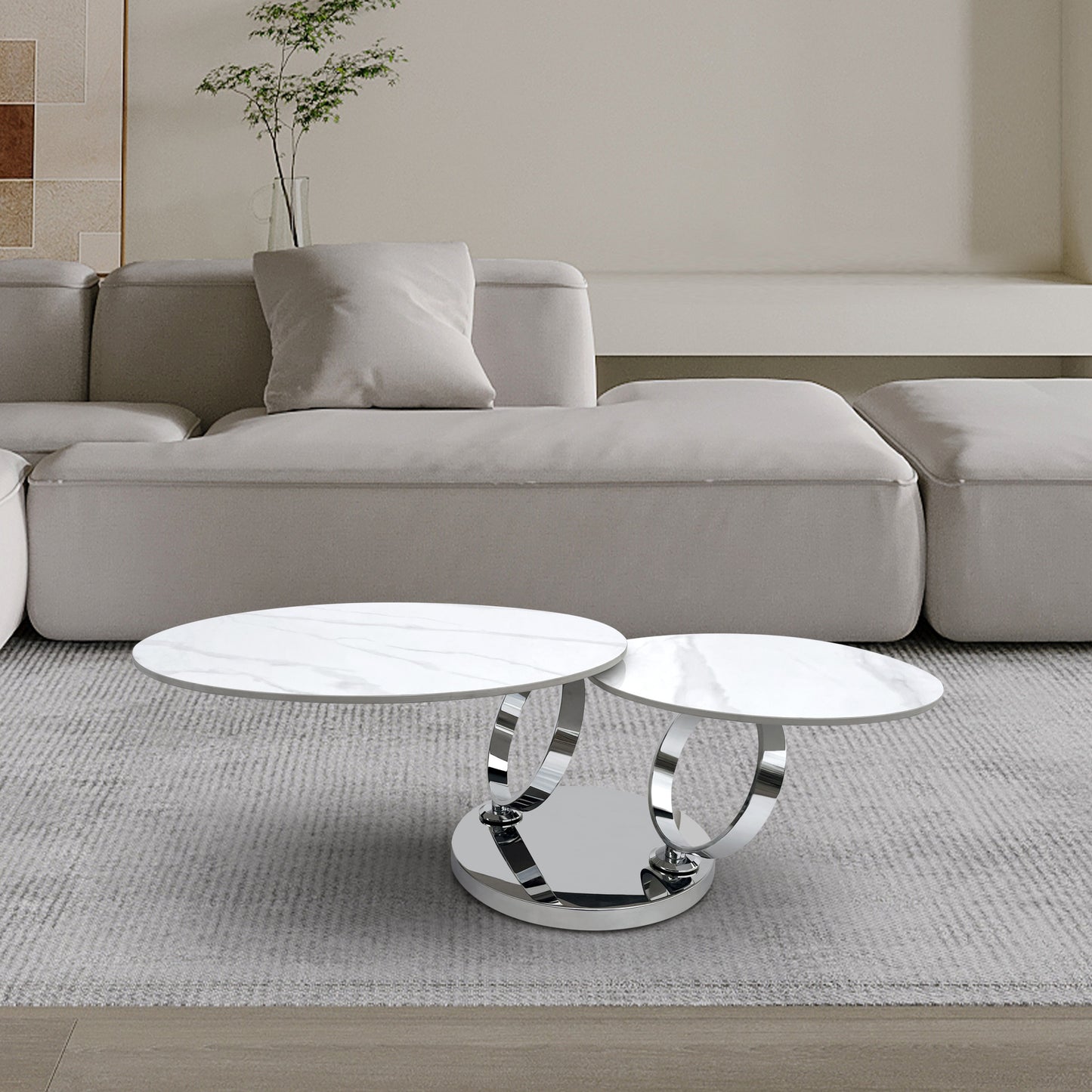 32" White And Silver Ceramic Tile And Metal Round Abstract Coffee Table - Loft&Timber
