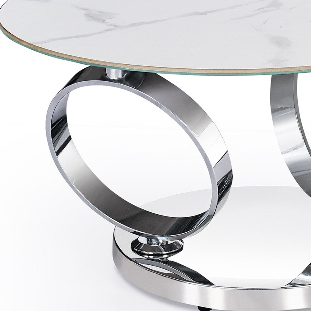 32" White And Silver Ceramic Tile And Metal Round Abstract Coffee Table - Loft&Timber