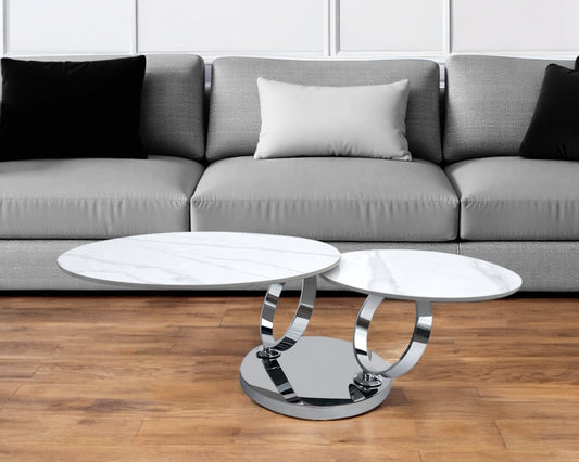 32" White And Silver Ceramic Tile And Metal Round Abstract Coffee Table - Loft&Timber