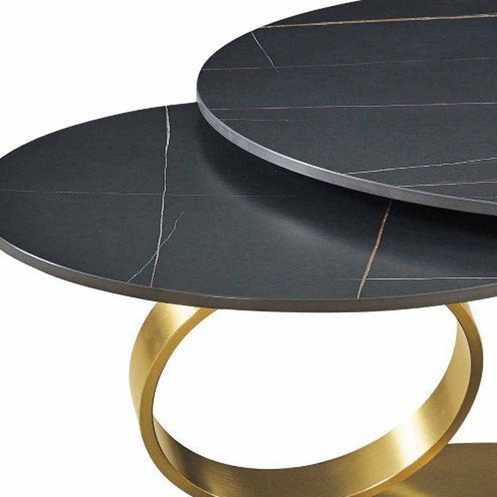 32" Black And Gold Ceramic Tile And Metal Round Distressed Abstract Coffee Table - Loft&Timber