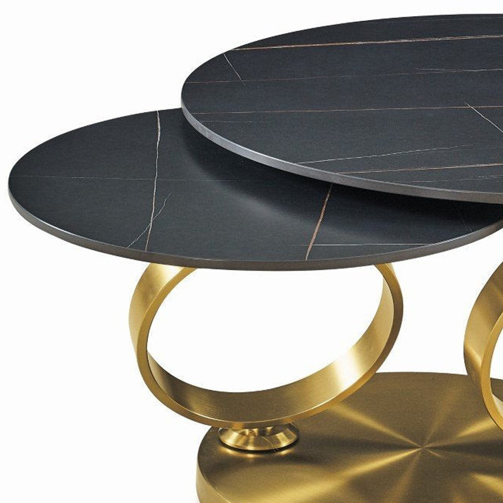 32" Black And Gold Ceramic Tile And Metal Round Distressed Abstract Coffee Table - Loft&Timber