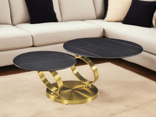 32" Black And Gold Ceramic Tile And Metal Round Distressed Abstract Coffee Table - Loft&Timber