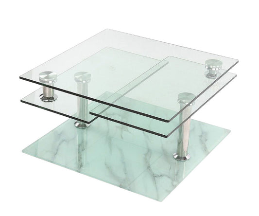 32" Clear and White Faux Marble Glass and Metal Coffee Table With Three Shelves - Loft&Timber