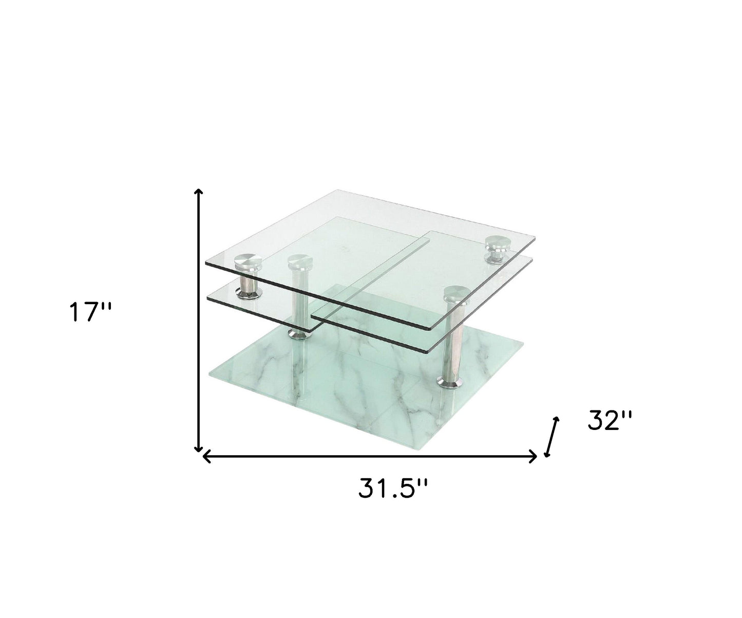 32" Clear and White Faux Marble Glass and Metal Coffee Table With Three Shelves - Loft&Timber