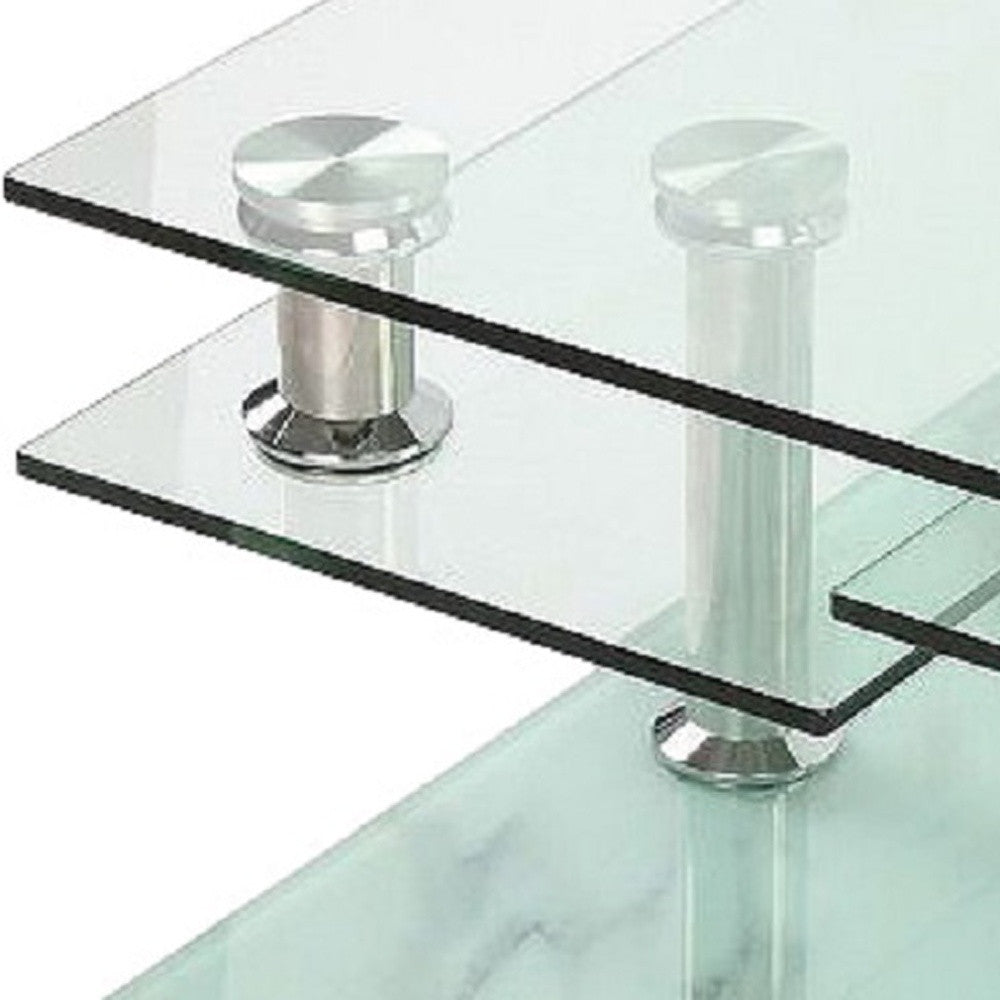32" Clear and White Faux Marble Glass and Metal Coffee Table With Three Shelves - Loft&Timber