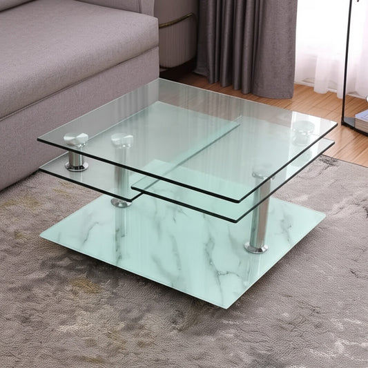 32" Clear and White Faux Marble Glass and Metal Coffee Table With Three Shelves - Loft&Timber
