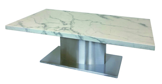 51" White And Silver Genuine Marble And Stainless Steel Pedestal Coffee Table - Loft&Timber