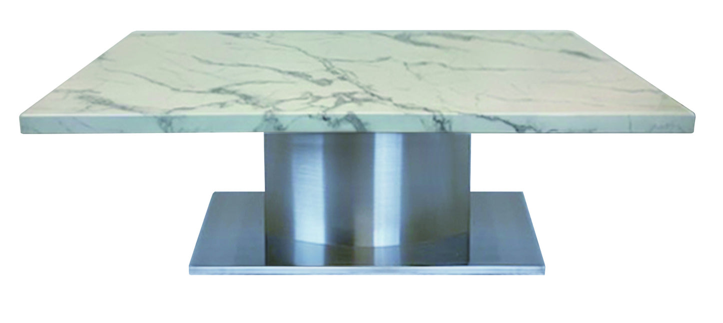 51" White And Silver Genuine Marble And Stainless Steel Pedestal Coffee Table - Loft&Timber