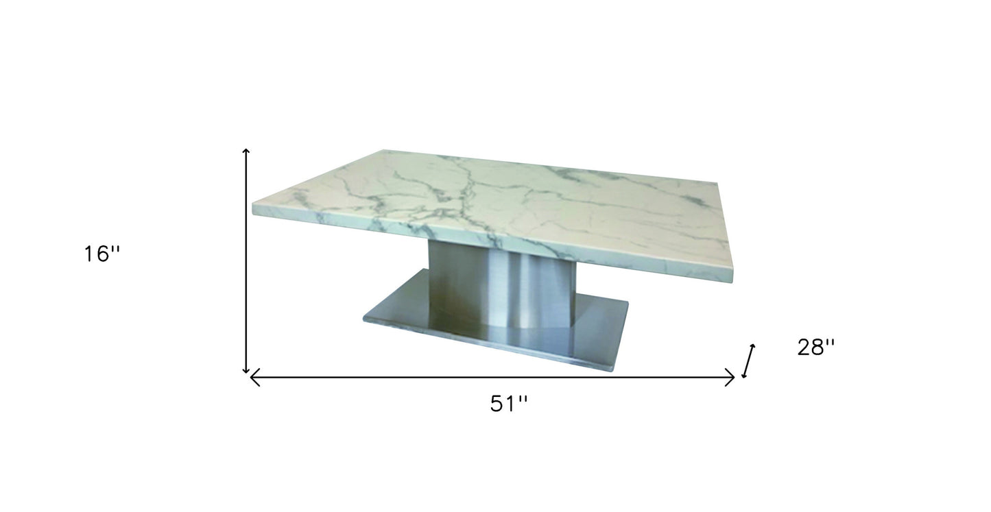 51" White And Silver Genuine Marble And Stainless Steel Pedestal Coffee Table - Loft&Timber