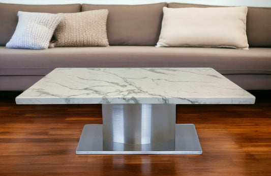 51" White And Silver Genuine Marble And Stainless Steel Pedestal Coffee Table - Loft&Timber