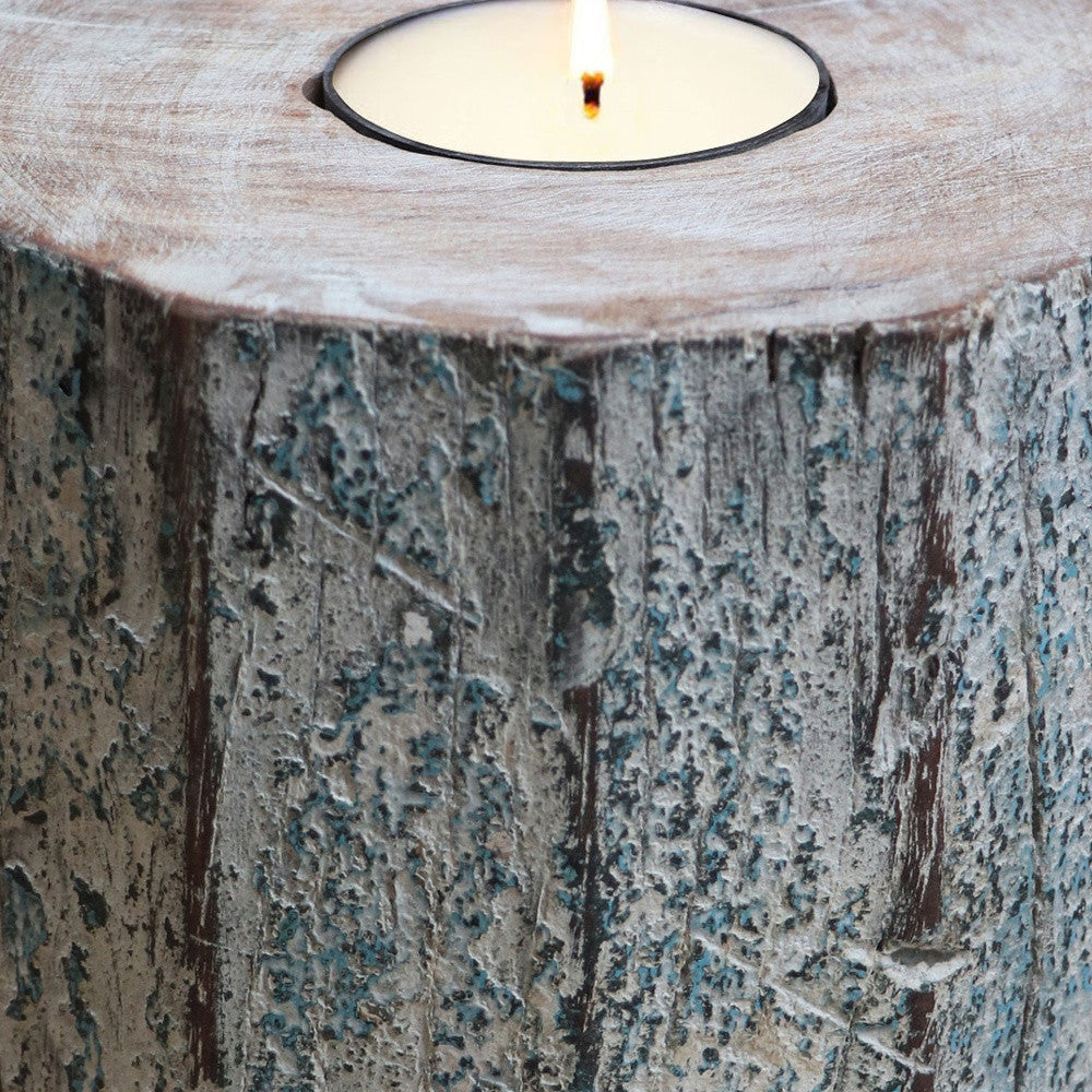 5" Brown And White Solid Wood Tabletop Tealight Candle Holder - Loft&Timber