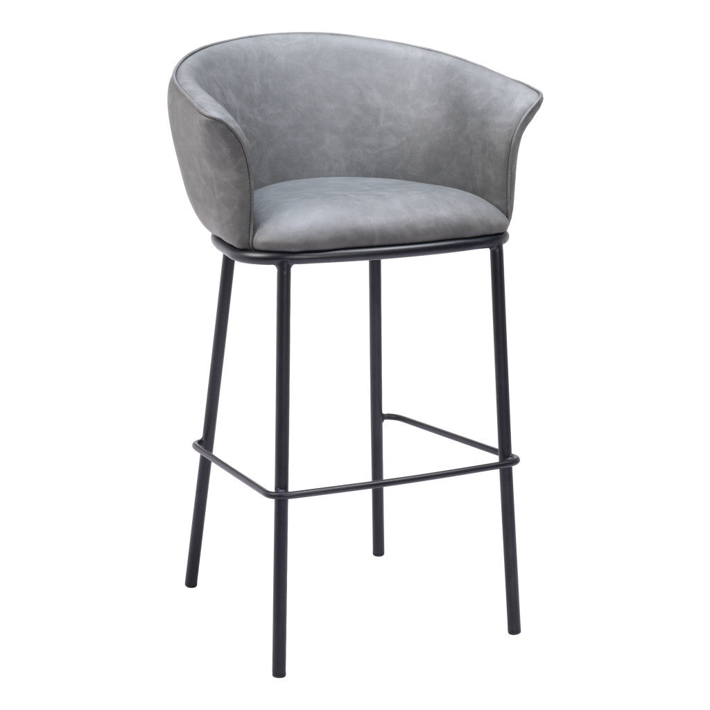 30" Gray And Black Faux Leather And Steel Bar Height Bar Chair - Loft&Timber