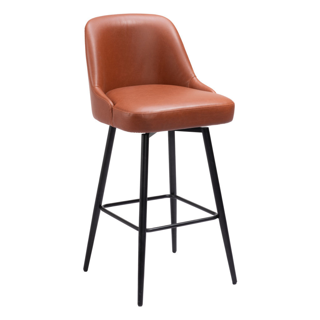 30" Brown And Black Faux Leather And Steel Bar Height Swivel Bar Chair - Loft&Timber