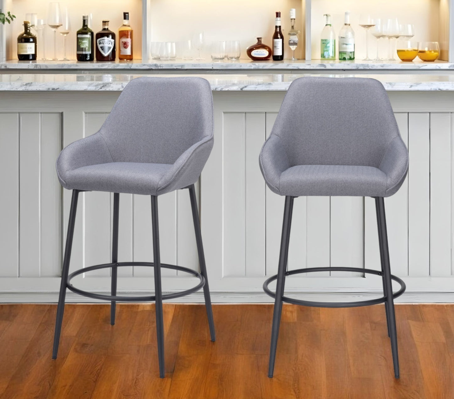 Set of Two 30" Gray And Black Fabric And Steel Bar Height Bar Chairs - Loft&Timber