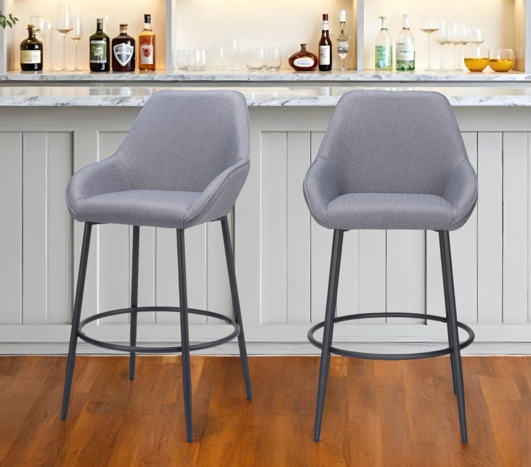 Set of Two 30" Gray And Black Fabric And Steel Bar Height Bar Chairs - Loft&Timber