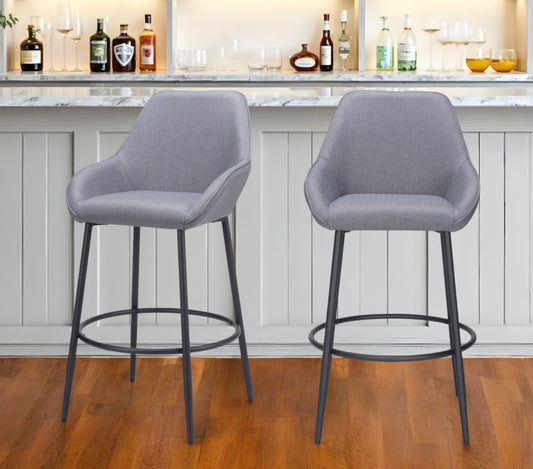 Set of Two 30" Gray And Black Fabric And Steel Bar Height Bar Chairs - Loft&Timber