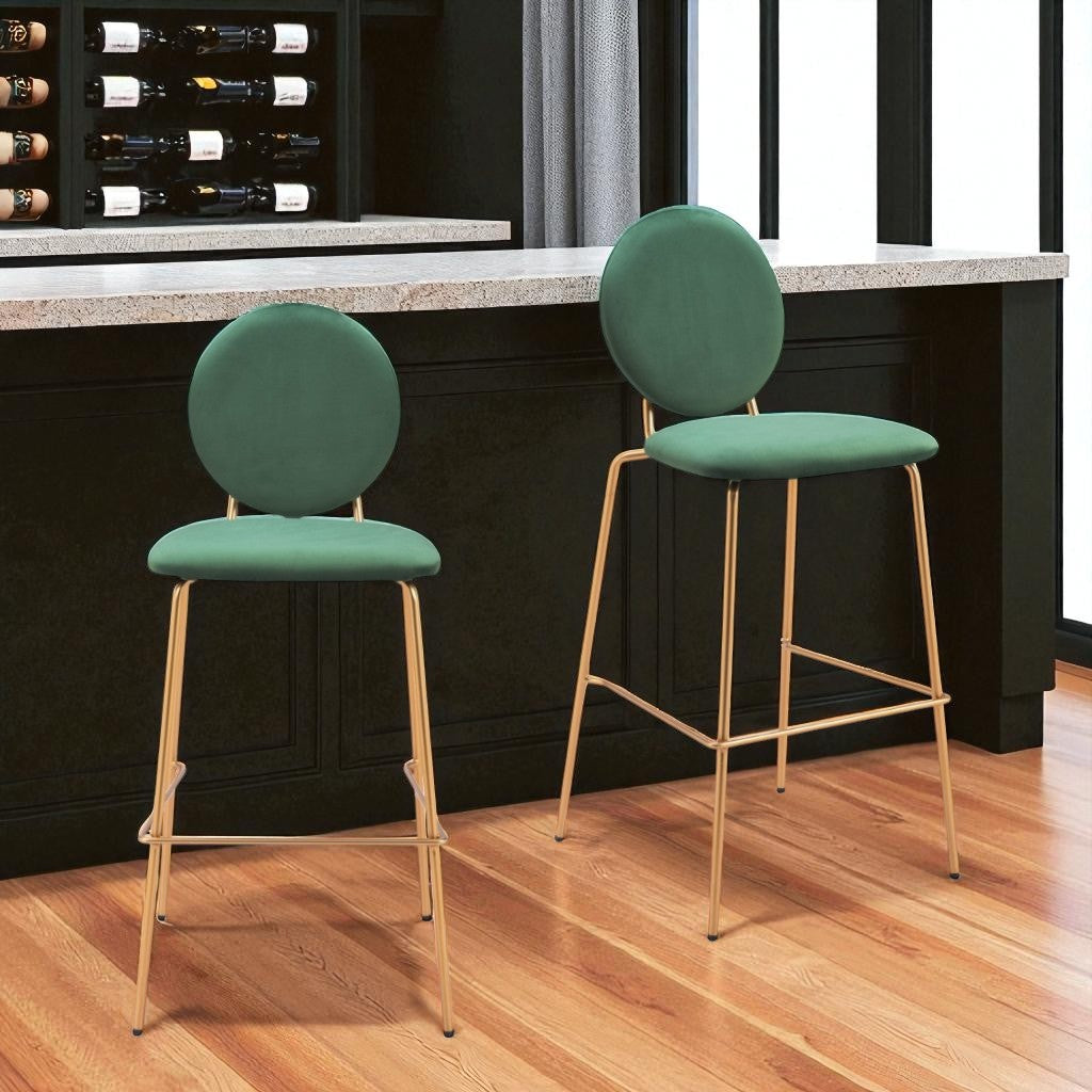 Set of Two 30" Green and Gold Velvet and Steel Bar Height Bar Chairs - Loft&Timber
