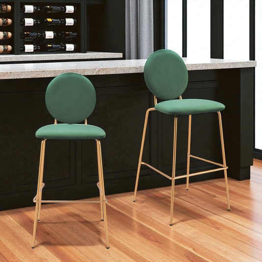 Set of Two 30" Green and Gold Velvet and Steel Bar Height Bar Chairs - Loft&Timber