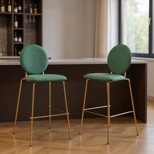 Set of Two 30" Green and Gold Velvet and Steel Bar Height Bar Chairs - Loft&Timber