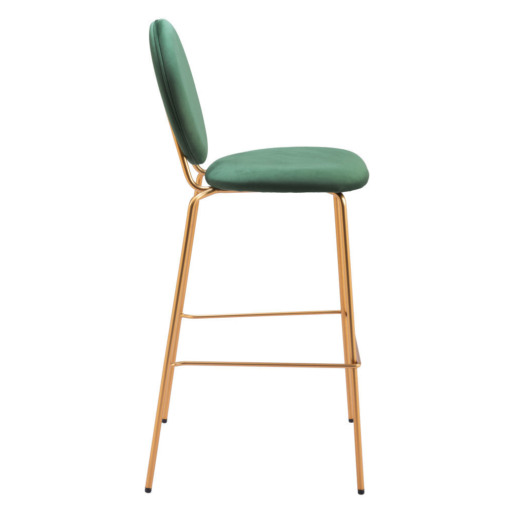 Set of Two 30" Green and Gold Velvet and Steel Bar Height Bar Chairs - Loft&Timber