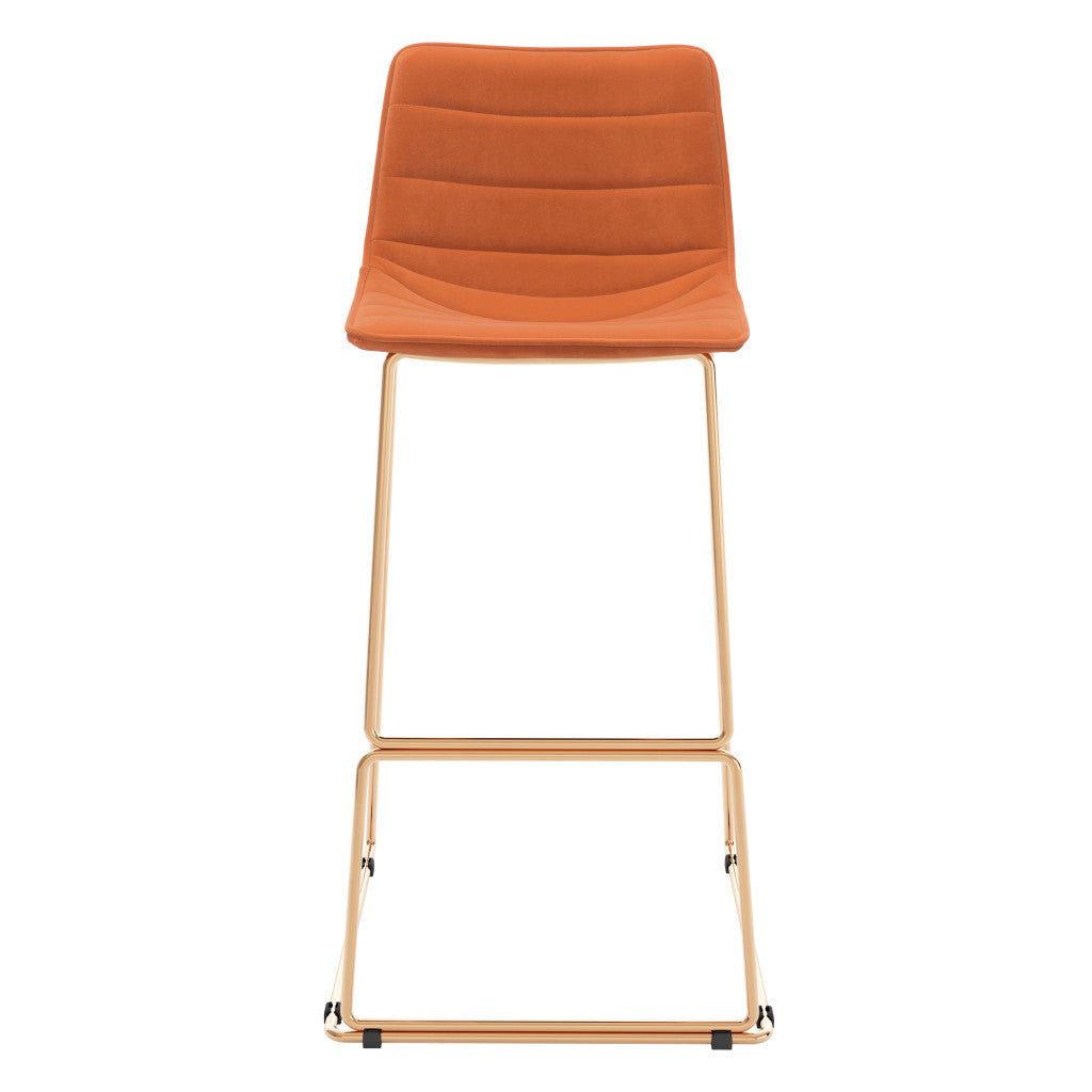 Set of Two 30" Orange And Gold Velvet And Steel Bar Height Bar Chairs - Loft&Timber