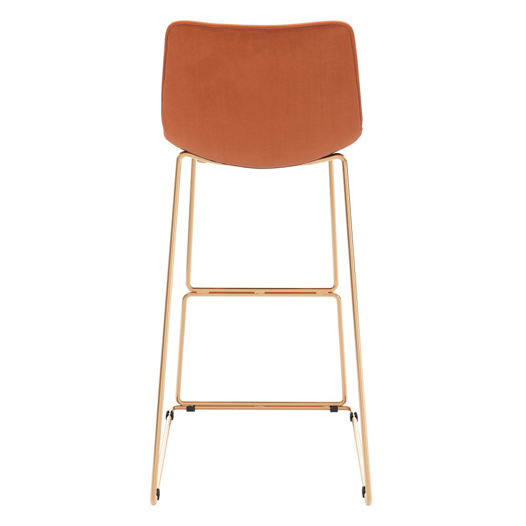 Set of Two 30" Orange And Gold Velvet And Steel Bar Height Bar Chairs - Loft&Timber
