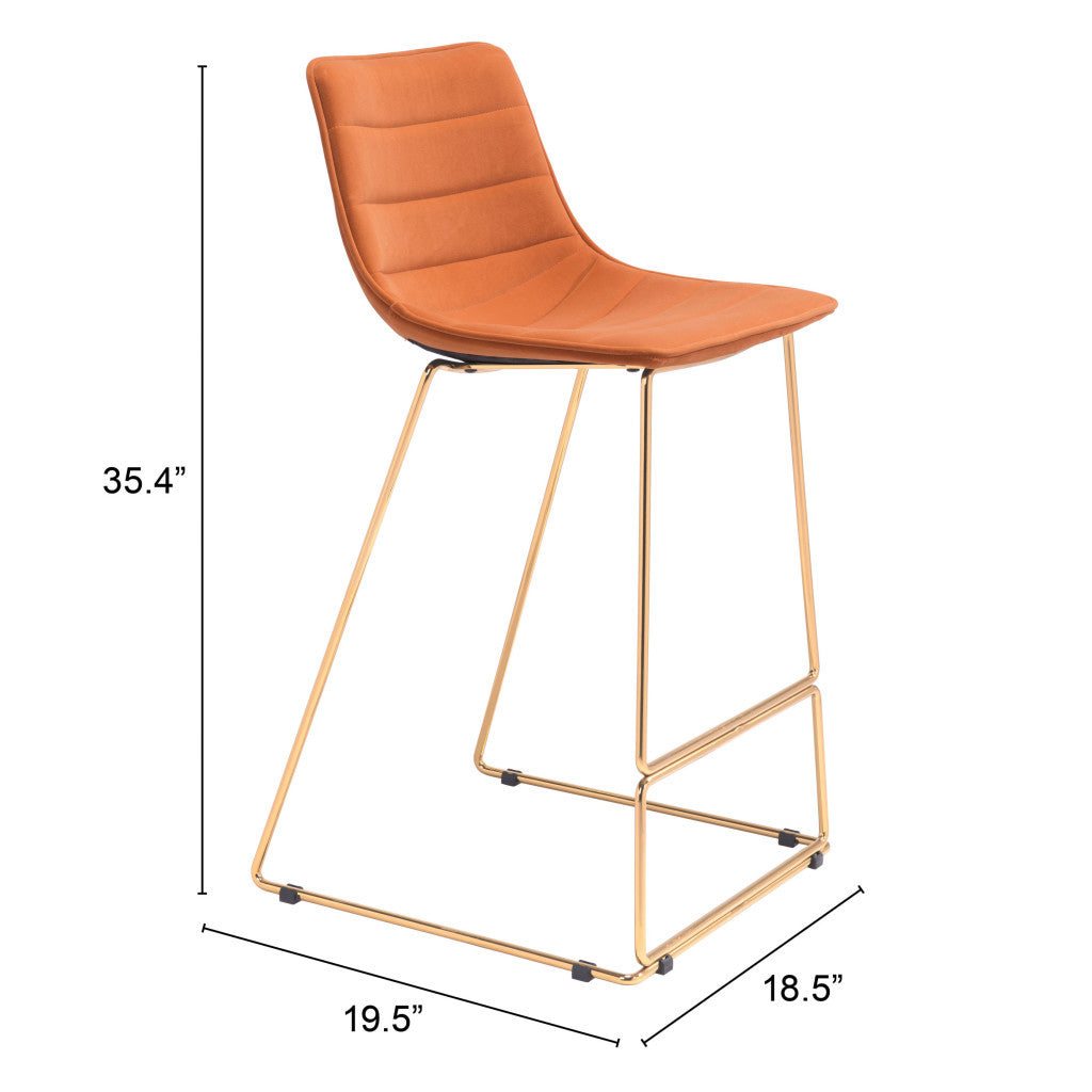 Set of Two 30" Orange And Gold Velvet And Steel Bar Height Bar Chairs - Loft&Timber
