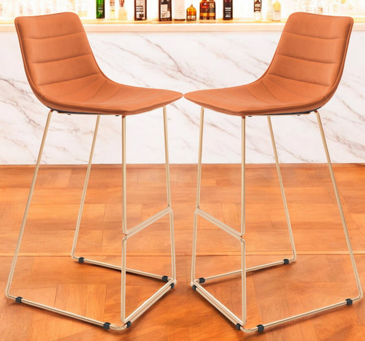 Set of Two 30" Orange And Gold Velvet And Steel Bar Height Bar Chairs - Loft&Timber
