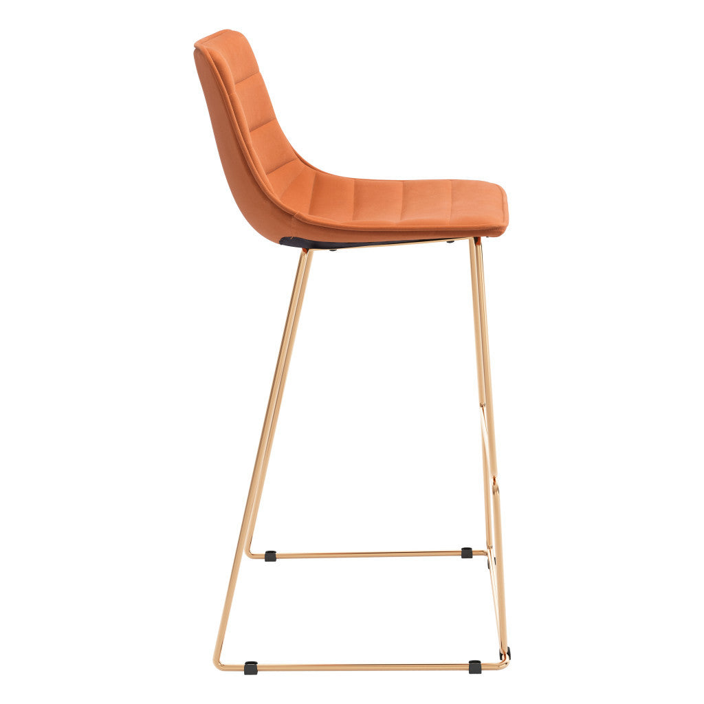Set of Two 30" Orange And Gold Velvet And Steel Bar Height Bar Chairs - Loft&Timber