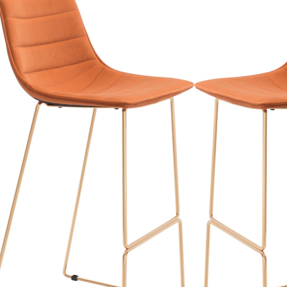 Set of Two 30" Orange And Gold Velvet And Steel Bar Height Bar Chairs - Loft&Timber