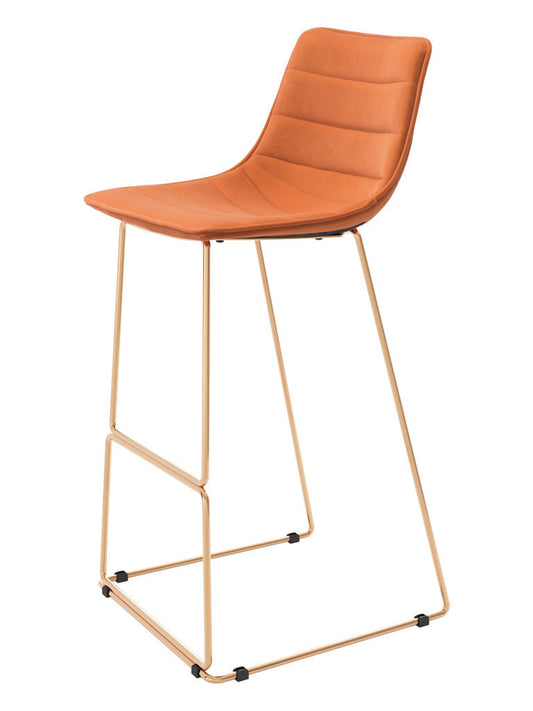 Set of Two 30" Orange And Gold Velvet And Steel Bar Height Bar Chairs - Loft&Timber