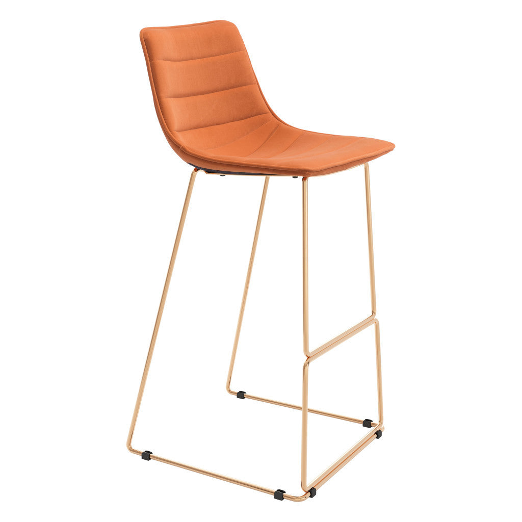 Set of Two 30" Orange And Gold Velvet And Steel Bar Height Bar Chairs - Loft&Timber