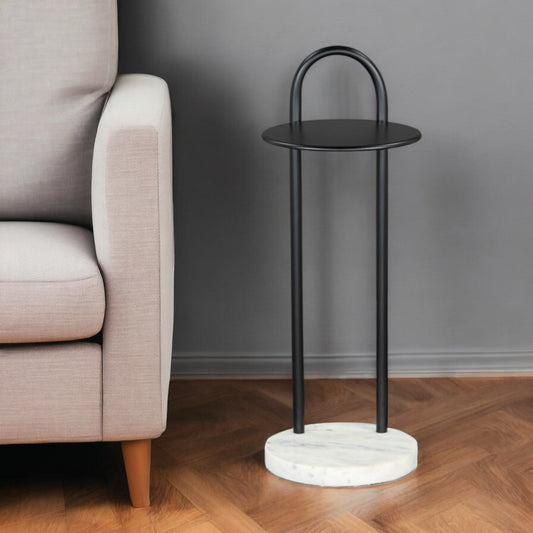 22" Black And White Iron And Marble Round C Table End Table - Loft&Timber