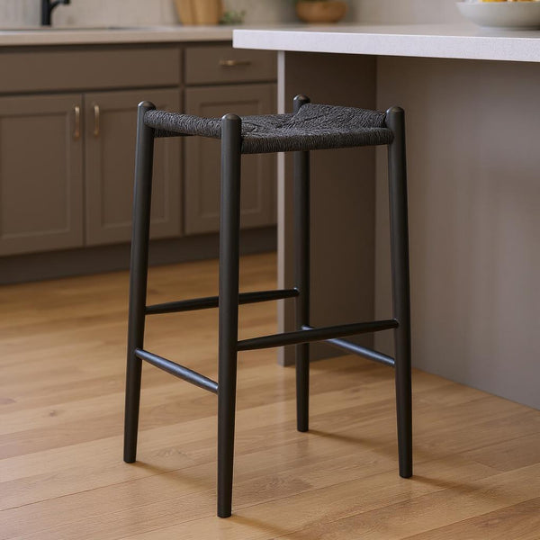 31" Black Rush and Solid Wood Backless Bar Height Bar Chair-0