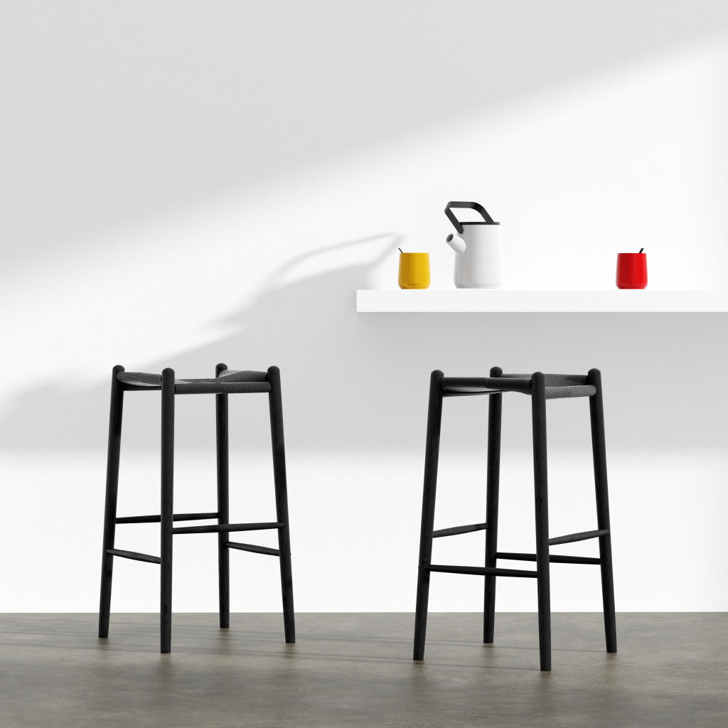 31" Black Rush and Solid Wood Backless Bar Height Bar Chair-8