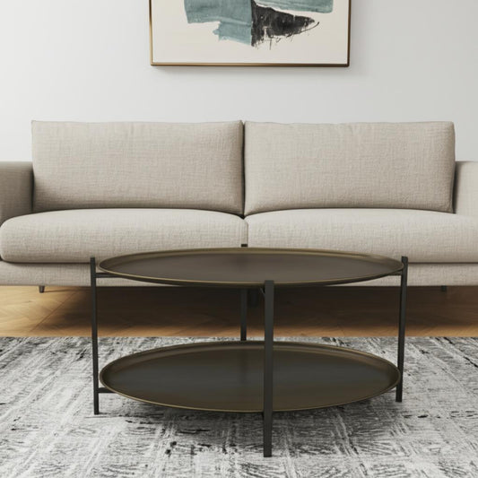 26" Antiqued Bronze and Black Steel Oval Two Tier Coffee Table - Loft&Timber