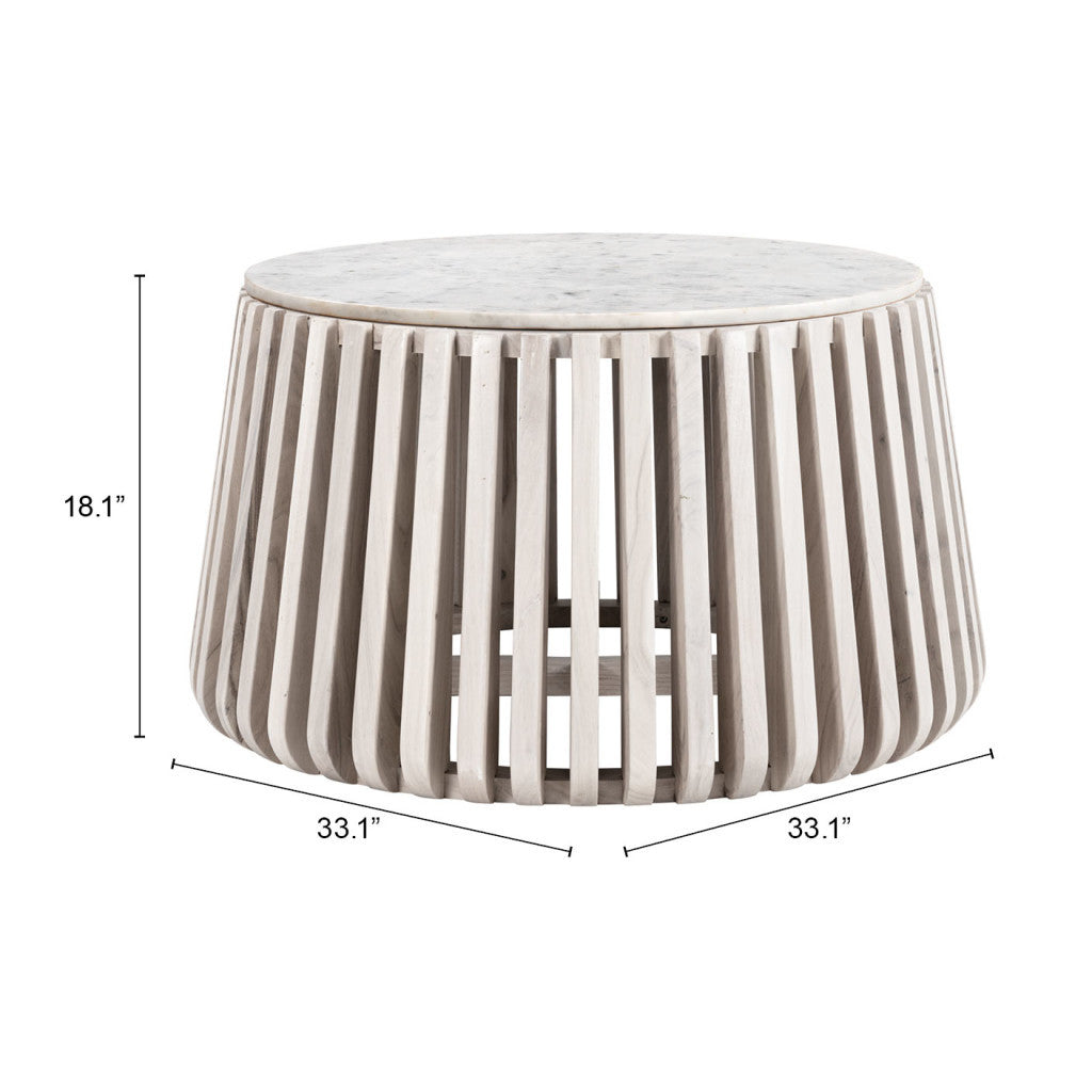 34" White and Natural Genuine Marble and Wood Round Drum Coffee Table - Loft&Timber