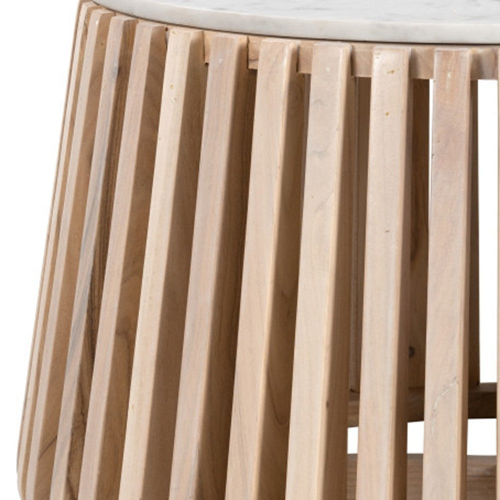 34" White and Natural Genuine Marble and Wood Round Drum Coffee Table - Loft&Timber