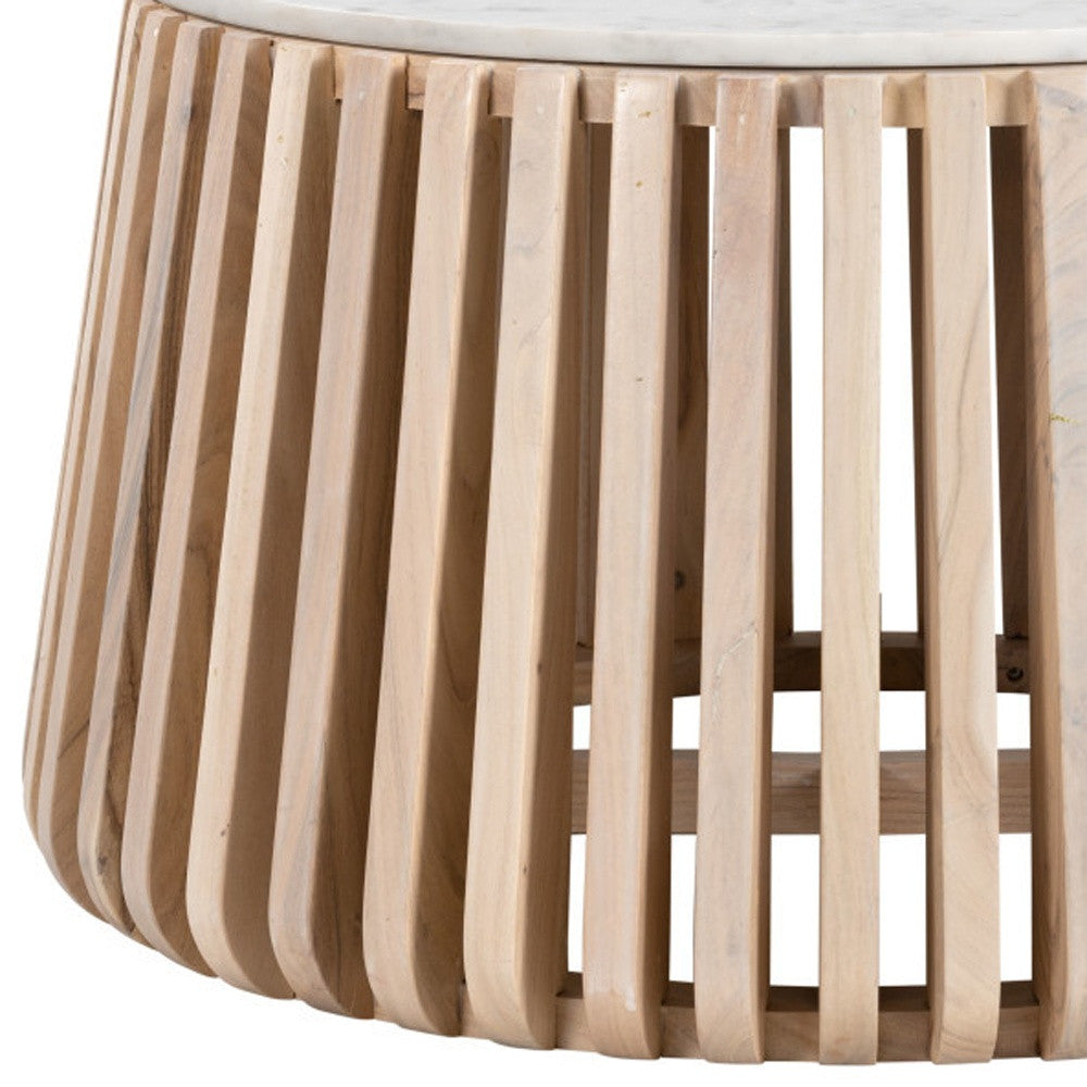 34" White and Natural Genuine Marble and Wood Round Drum Coffee Table - Loft&Timber