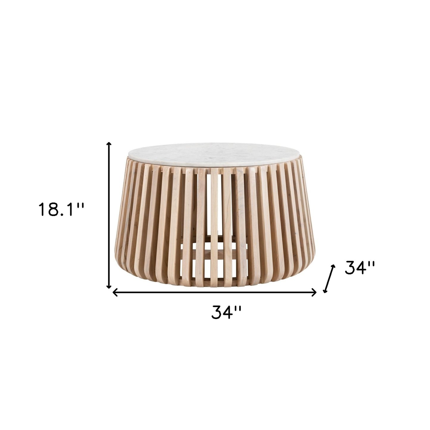 34" White and Natural Genuine Marble and Wood Round Drum Coffee Table - Loft&Timber