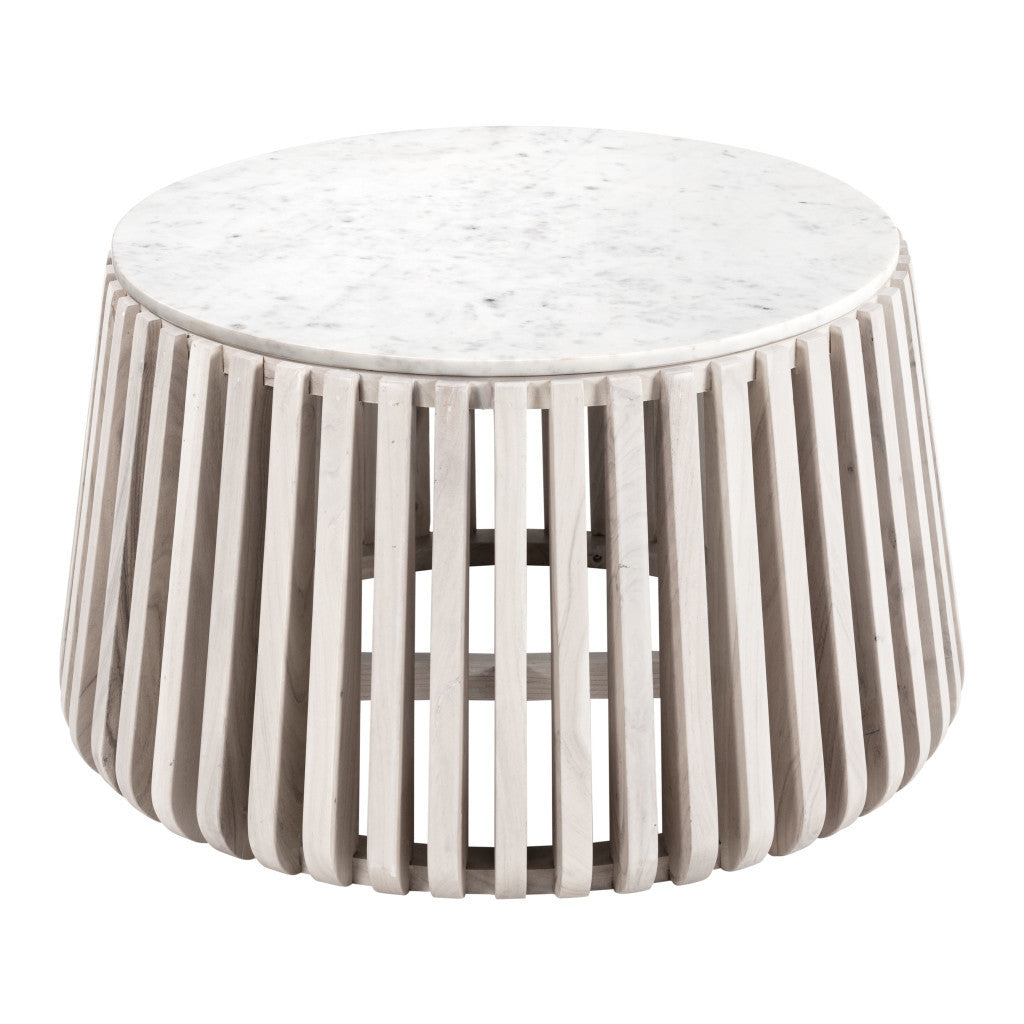 34" White and Natural Genuine Marble and Wood Round Drum Coffee Table - Loft&Timber