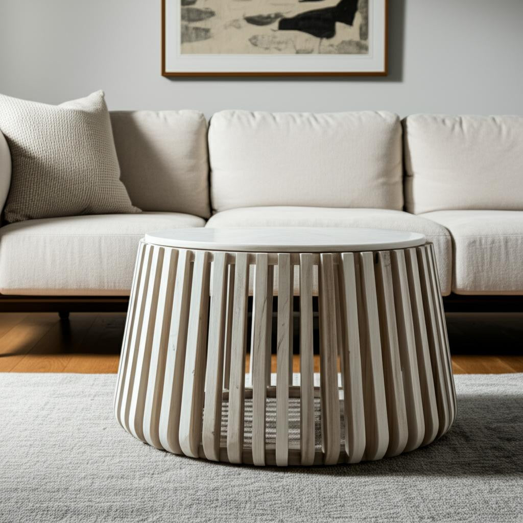 34" White and Natural Genuine Marble and Wood Round Drum Coffee Table - Loft&Timber