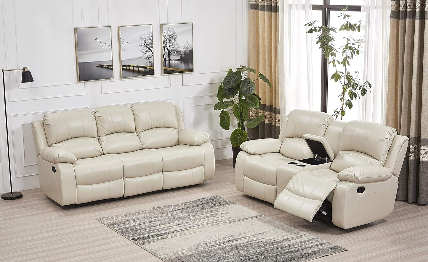 2PC Bonded Leather Recliner Set, Sofa, Loveseat, 8018, Beige-1