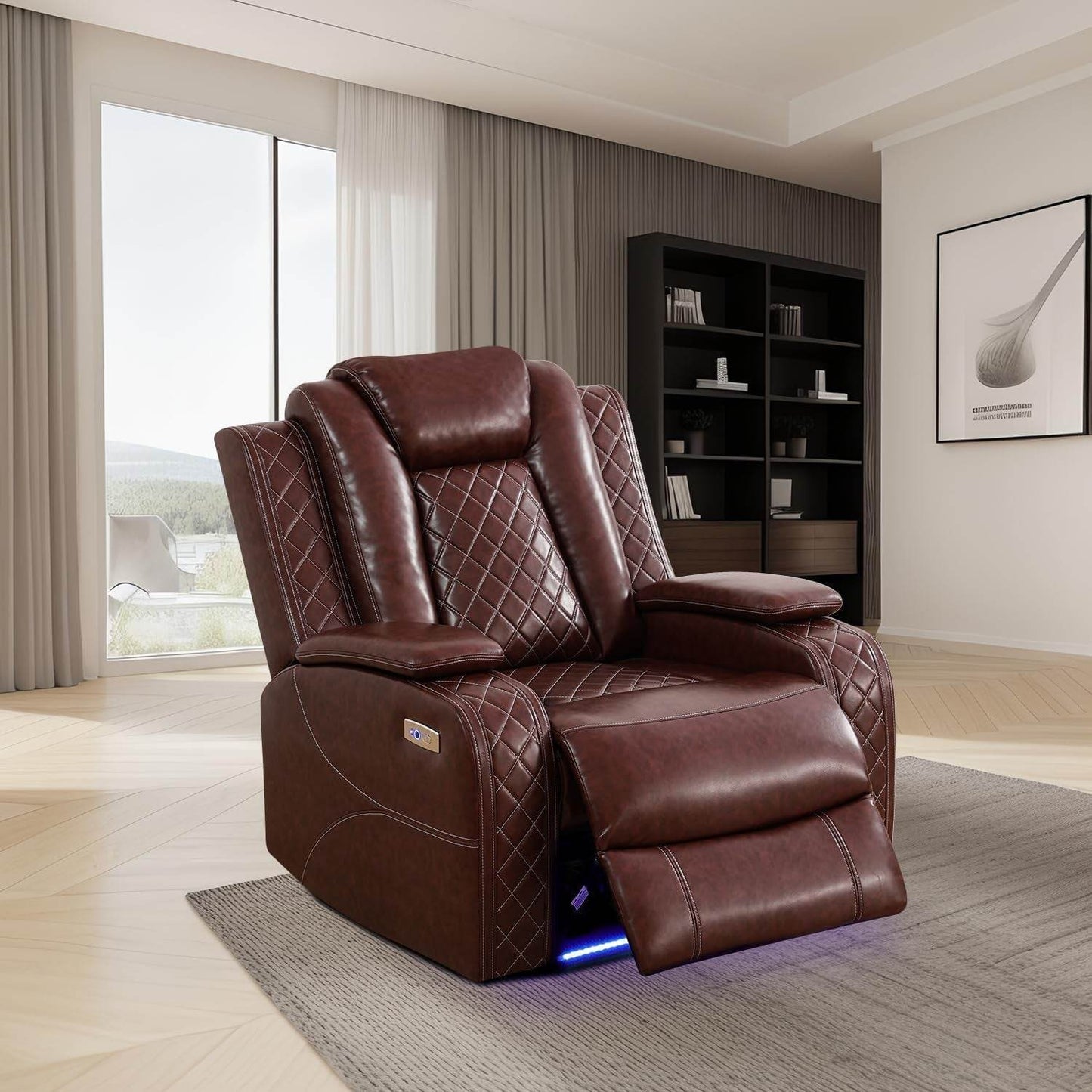Power Brown Leather Reclining Sofa Set with LED Light - Loft&Timber