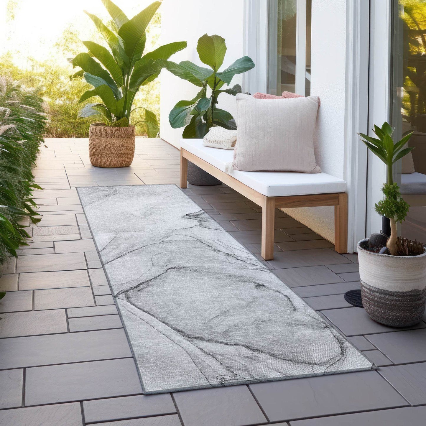 8' Runner Gray Abstract Washable Non Skid Indoor Outdoor Runner Rug - Loft&Timber